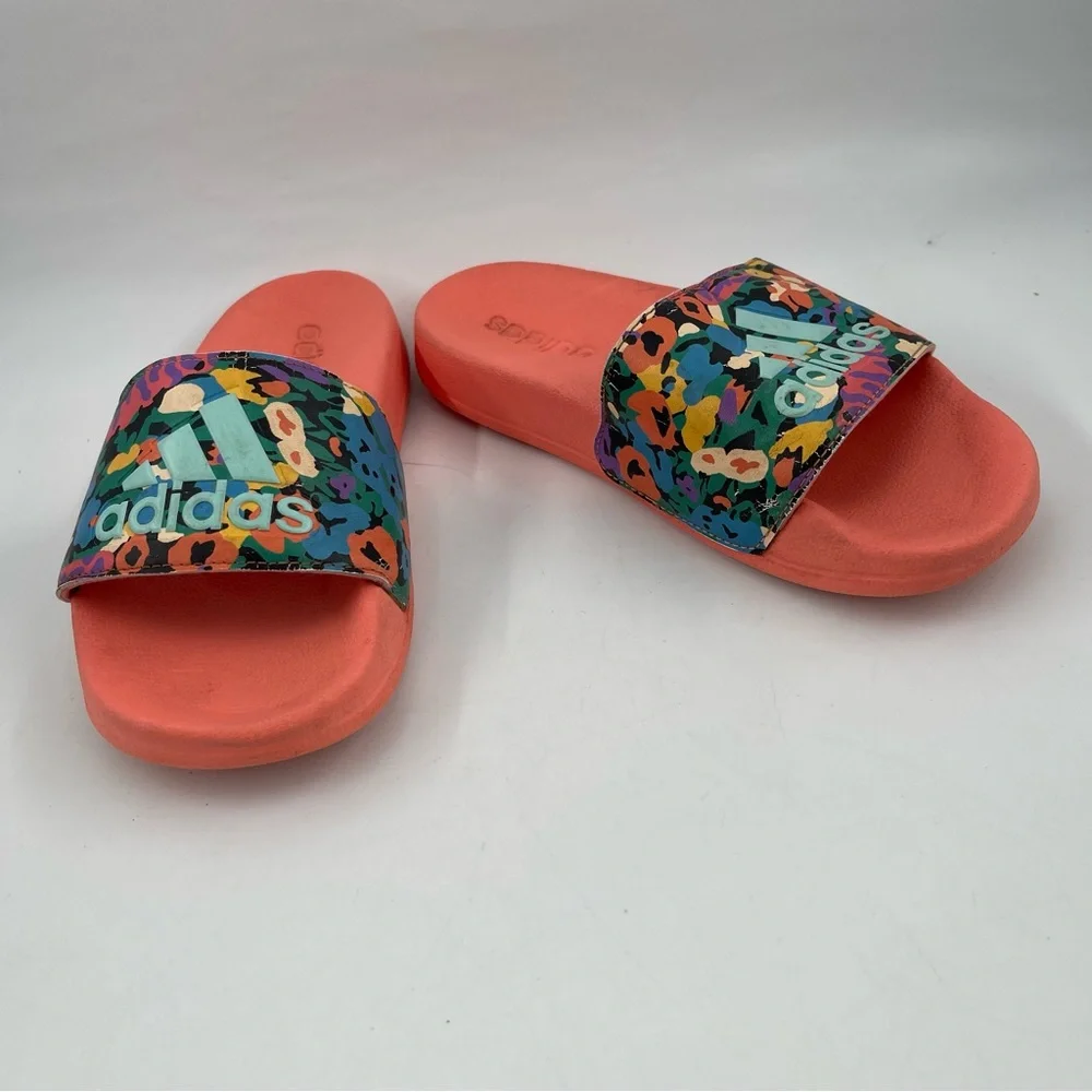 Adidas Kids Adilette Orange & Floral - SZ 3Y - Shower/Pool Slip-On Slide Sandal